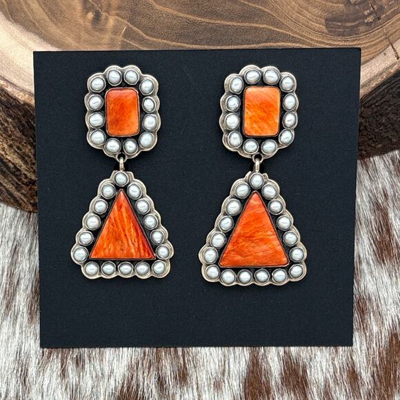 FEDERICO JIMENEZ Sterling Silver Orange Spiny Grey Pearl Cluster Dangle Earrings - Picture 1 of 3